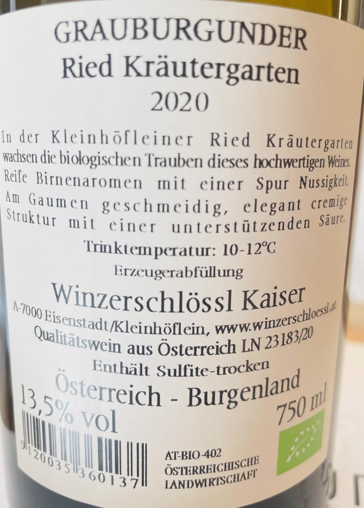 20 Grauburgunder Ried Kräutergarten BIO Kaiser