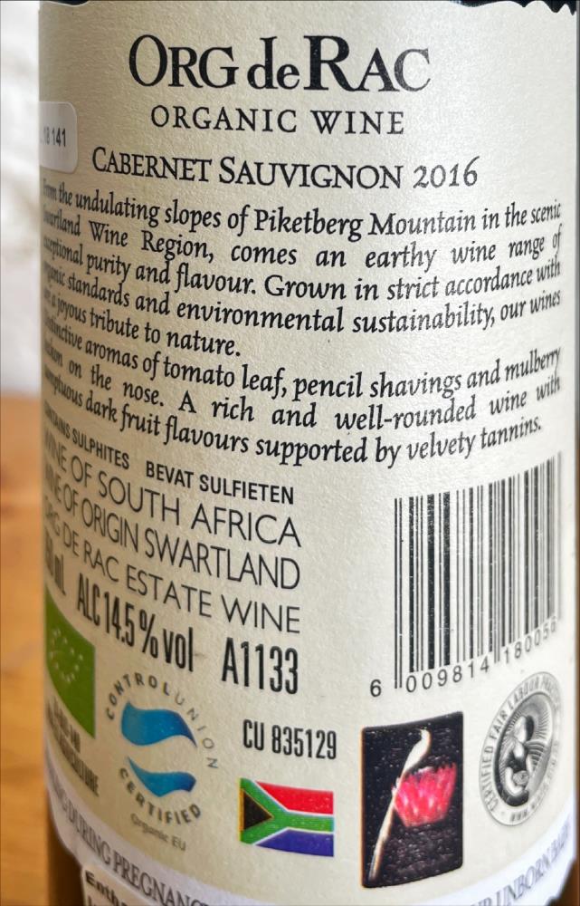 16 ORG DE RAC Cabernet Sauvignon,  organic wines