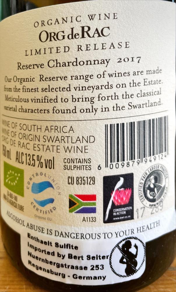 17 Chardonnay Reserve,  ORG DE RAC organic wines